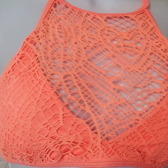 💚5/$25 NWT Hurley Webbed Crop Top Neon Pink Coral Lace Halter Bikini Top - Picture 4 of 8